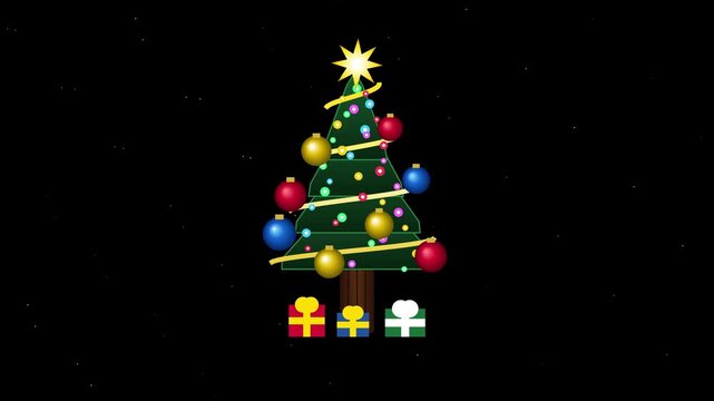 Animated christmas tree pattern with colorful gifts on black background