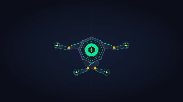 Animated vector interface featuring expanding mechanical arms and glowing HUD elements for tech dashboards