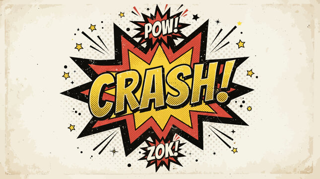 Vintage comic book style explosion graphic with 'CRASH!', 'POW!', and 'ZOK!' text on a distressed background, evoking retro pop art.