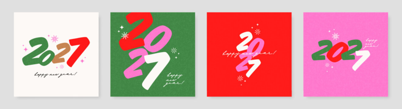 2027 Happy New Year typography set. Colorful hand drawn textured brush numbers, modern square templates, greeting cards and social media posts vector.