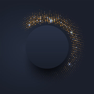 Luxury dark background with golden halftone dotted circle frame. Premium abstract elegant glowing 3D blank template with copy space vector illustration.