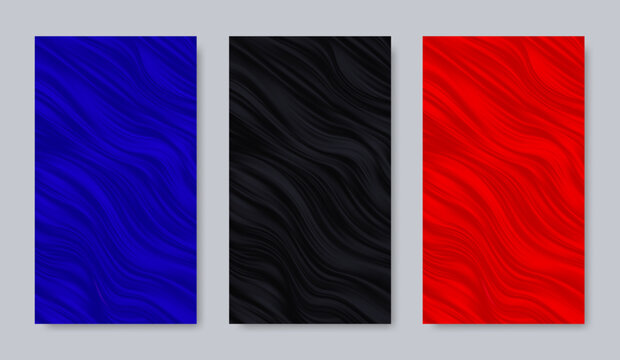 Luxury fluid waves vertical wallpaper backgrounds set. Elegant blue, black and red abstract templates with smooth 3D liquid silk fabric texture vector.
