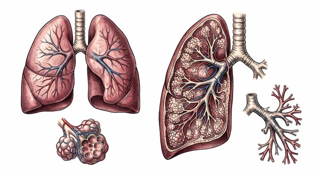 Detailed Cross Section Anatomy of Human Lungs Watercolor