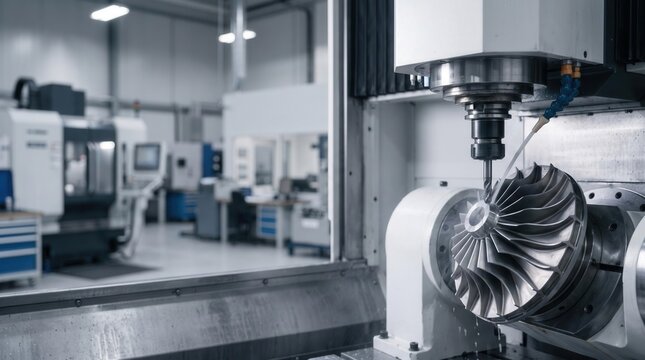 5-axis CNC machining center milling complex turbine impeller component in high-tech factory