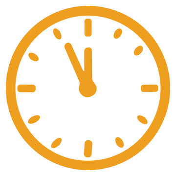 Orange clock face with hour and minute hands showing almost twelve for time concepts.
