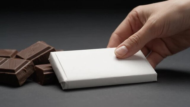 Hand reaching for wrapped chocolate bar on dark surface