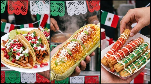 Mexican street food collage with tacos, elote corn and churros. Traditional Mexican cuisine and savory snacks. Street market fare for Mexican festivities. Mexican food culture.