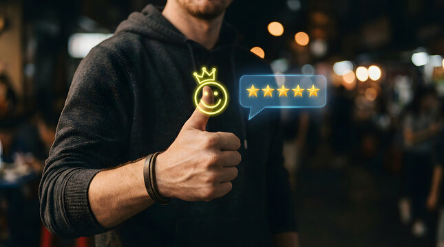 Man Giving Thumbs Up with Five Star Rating and Smiley Face Icon
