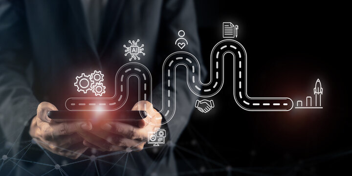 Business Growth Roadmap and Digital Transformation Strategy. Automation, artificial intelligence, customer relationship management, partnerships, strategic planning, business expansion.