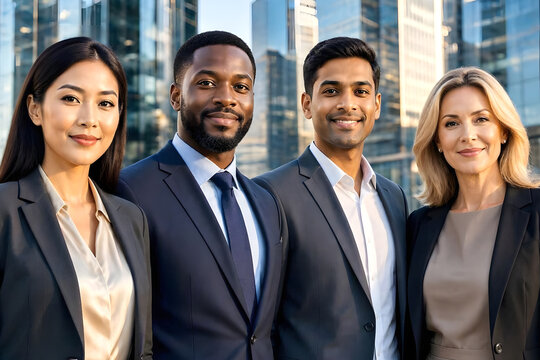 Four diverse business professionals standing confidently together in a modern city, representing leadership, teamwork, ambition, and professional success.