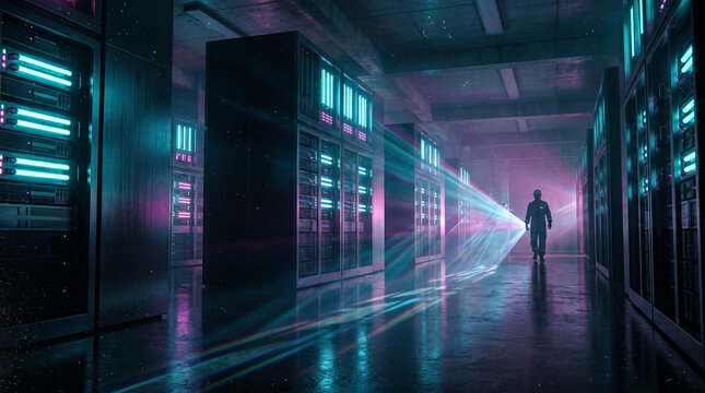 Worker walking down a dark aisle inside a massive data center illuminated by cyan and pink neon lights with bright laser beams