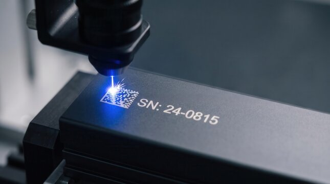 Industrial fiber laser marking serial number and QR code on anodized metal housing