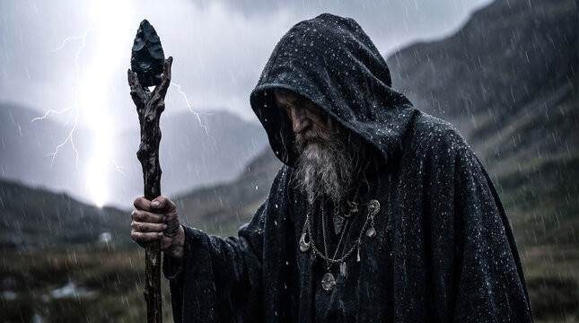 Cinematic portrait of an elderly bearded wizard in a dark hooded cloak holding an obsidian magic staff under heavy rain with a lightning strike