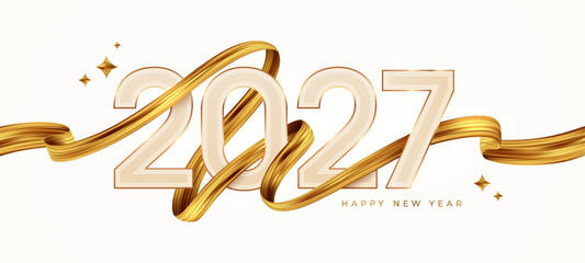 Obraz premium 2027 Happy New Year premium banner template. Elegant typography intertwined with realistic 3D gold ribbon and stars. Luxury holiday isolated white vector.
