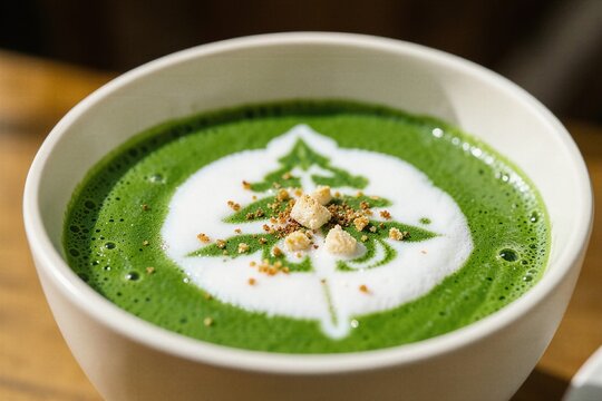 Ceremonial Matcha Green Tea Latte with Holiday Tree Foam Art Tactile