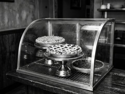 Vintage diner pie display case with fresh baked pies