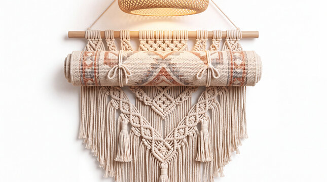 Macrame wall hanging with a rolled patterned textile on white wall