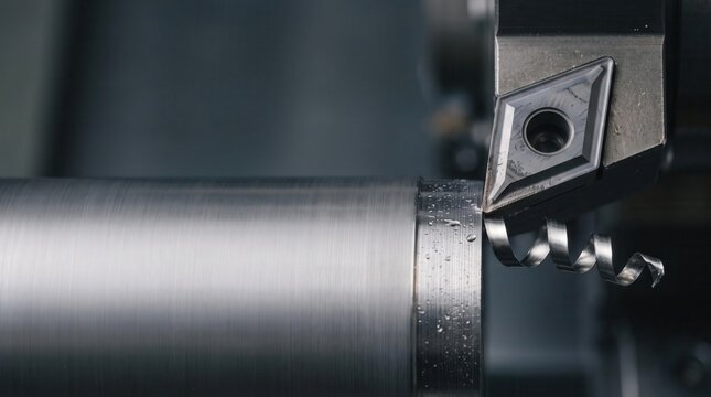 CNC metal lathe turning steel shaft with indexable carbide insert and spiral swarf
