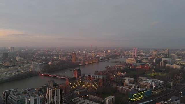 Spectacular 4K Aerial Sunset Over London Skyline and River Thames