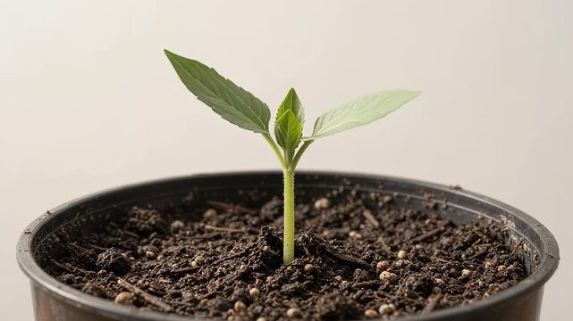 Small green seedling growing in pot against plain background
