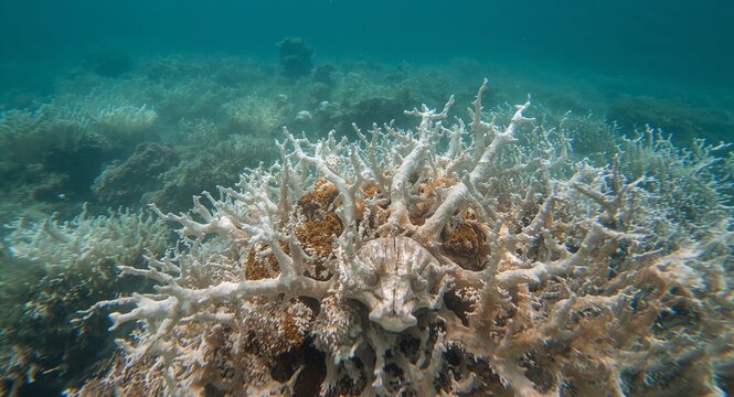 Close up macro shot of bleached coral reef skeletons under clear water depicting severe coral bleaching due to rising sea temperatures with copy space on the left