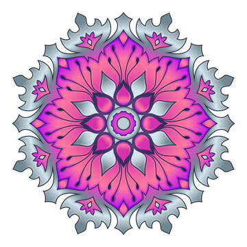 elegant pink and silver floral mandala ornament with scalloped border