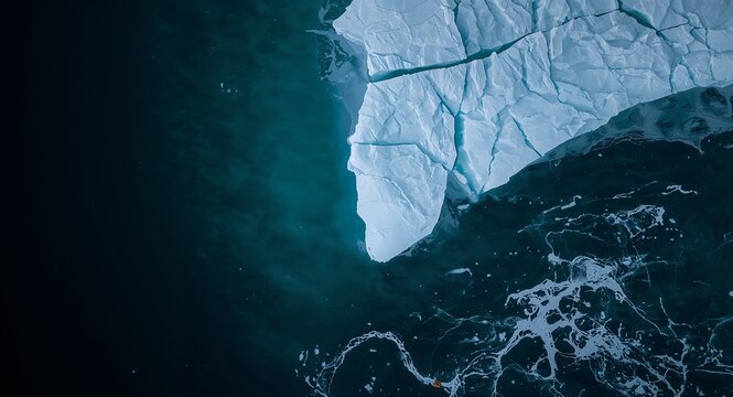 Close up drone shot of thinning glacier edge breaking into dark ocean waters depicting Arctic ice melt and vulnerability of polar ecosystems with copy space on the left