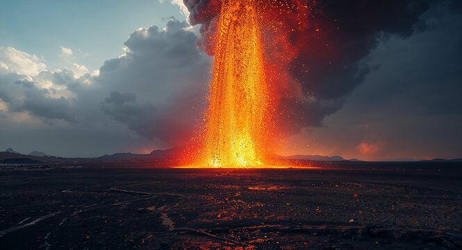 Dramatic explosion of magma propelled skyward from volcanic vent forming towering eruption column above stark landscape with copy space on the left, volcano, lava, volcanic eruption and ash concept