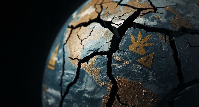 Close up dramatic shot of cracked earth global model under warning labels symbolizing planetary endangerment from unchecked climate change with copy space on the left