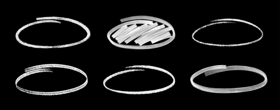 Hand drawn white circle highlights set. Chalk, marker and brush oval outlines with rough scribble textures isolated on black background vector illustration.