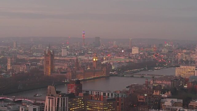 Spectacular 4K Aerial Sunset Over London Skyline and River Thames