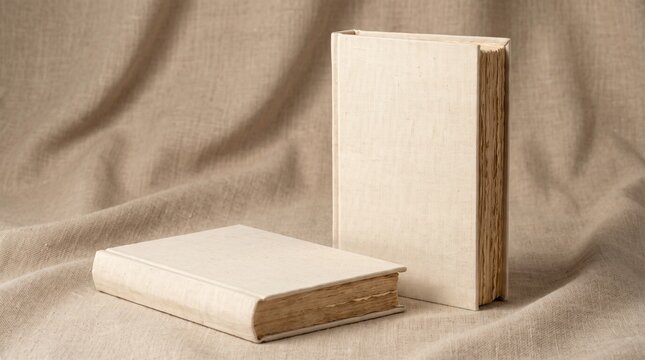 Vintage books with blank beige linen covers displayed on a rustic burlap fabric background in a composition