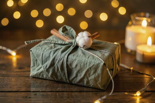 Organic Moss Green Linen Furoshiki Gift with Cotton Boll in Warm