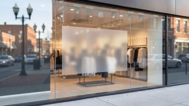 Modern clothing store front window with frosted glass privacy film and stylish apparel display