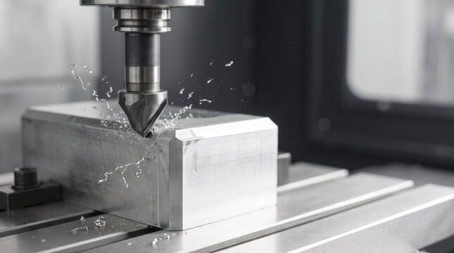 CNC chamfer mill tool beveling edge of aluminum block with flying chips