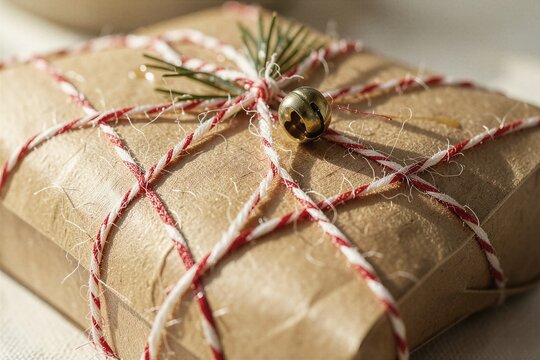Natural Kraft Pillow Gift Box with Red White Bakers Twine Tactile