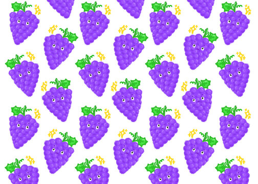 Kawaii purple grape sticker seamless pattern on transparent background for textiles, wrapping paper, or digital scrapbooking.