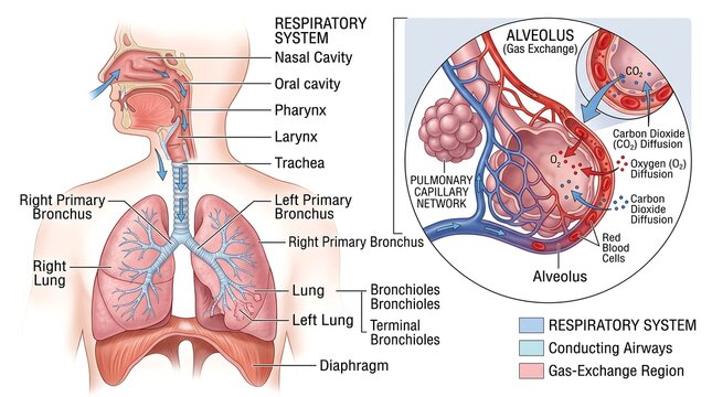 Human Respiratory System Anatomy Diagram Showing Lungs, Airways, and Alveolar Gas Exchange Process for Medical Education