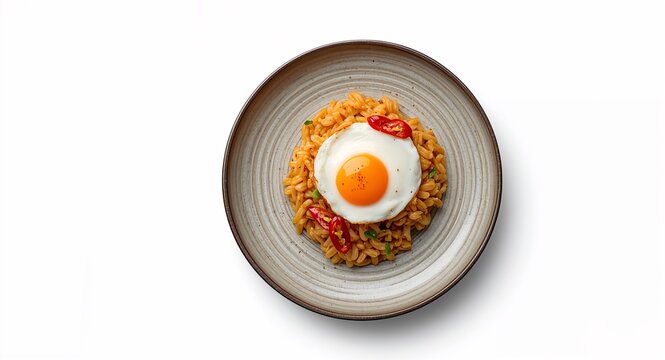 Minimalist Thai food on ceramic plate isolated on white background featuring single serving pad krapow gai garnished with fried egg and chili peppers arranged on textural ceramic dish optimized