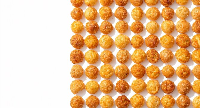 Photorealistic presentation of crunchy Brazilian snack isolated on white background showcasing pastel de vento p?o de queijo salgadinhos de polvilho and sequilhos arranged in neat rows under soft