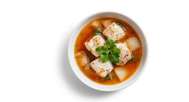 Brazilian fish stew white background isolated featuring moqueca capixaba with coconut milk broth white fish peppers onions cilantro under balanced lighting minimal shadows optimized for seafood e