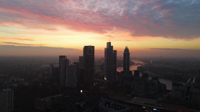 Spectacular 4K Aerial Sunset Over London Skyline and River Thames