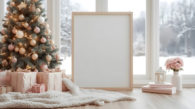 christmas greeting card with gift box, living room, blank canva with wooden frame.