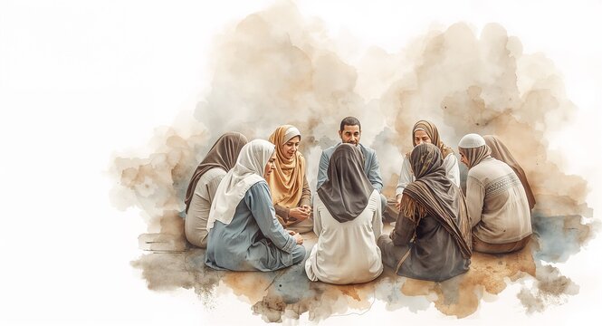 Realistic watercolor composition showcasing Islamic gathering family group seated circle social interaction watercolor textures muted palette with copy space on the left