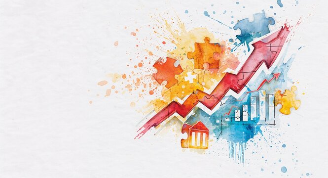 Watercolor painting depicting business strategy concept with watercolor brushstrokes of strategic arrows puzzle pieces and growth charts on textured paper background with copy space on the left