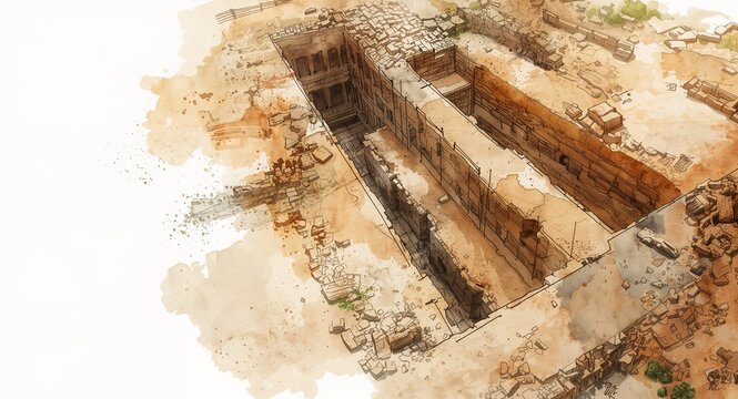 Artistic watercolor illustration archaeological sites excavation trenches, subtle pigment layers, textured line work, structural details, watercolor style with copy space on the left