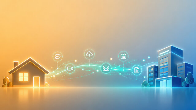 Connected smart home network shown through connected digital elements on a modern technology interface