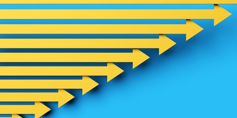 Obraz premium Vertical yellow arrows forming rising bar graph on blue background from above, finance business stock growth diagram concept template