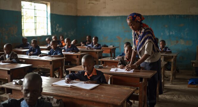 Realistic capture of a classroom in a refugee camp with makeshift desks and eager students learning under natural daylight dedicated volunteer teacher guiding lesson with copy space on the left