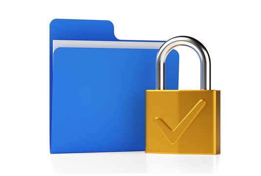 Gold or brass padlock with checkmark in front of folder over white background, document or information security or protection concept